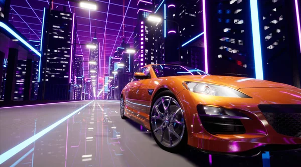Framtidens Sportbil Neon City Metaverse Och Cyberpunk Koncept Render — Stockfoto