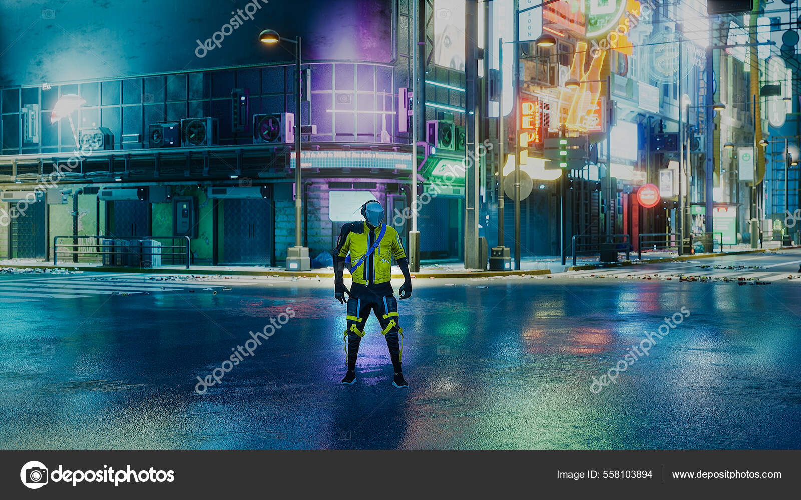 3d Render Of A Futuristic Street With A Cyberpunk Character Background,  Cyber City, Cyberpunk City, Futuristic City Background Image And Wallpaper  for Free Download