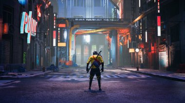 Siberpunk sokağı, 3 boyutlu canlandırmalı.