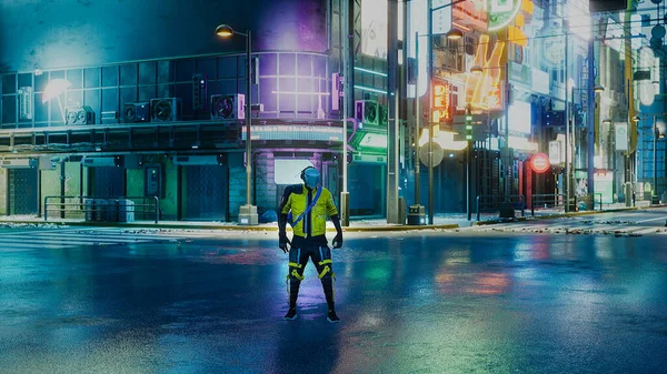 Cyberpunk Street Con Personaggio Rendering — Foto Stock