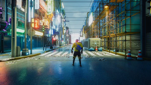 Cyberpunk Street Con Personaggio Rendering — Foto Stock