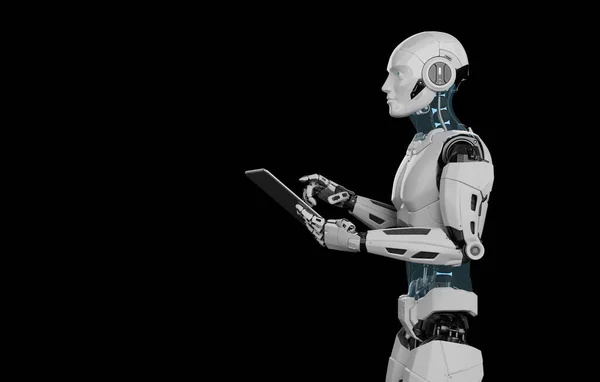 Humanoid Robot Tartja Digitális Tabletta Metaverse Koncepció Renderelés — Stock Fotó