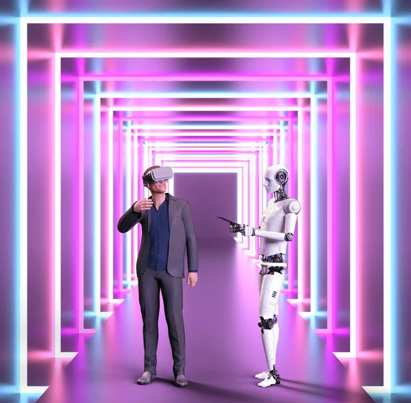Humanoid Robot Elviszi Üzletembereket Metaverzió Virtuális Világába Renderelés — Stock Fotó