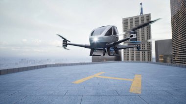 Autonomous driverless aerial vehicle fly across city, 3d render