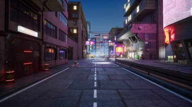Cyberpunk şehir sokağı, 3D görüntüleme