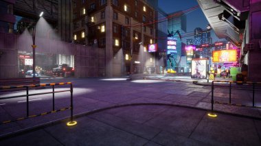 Cyberpunk şehir sokağı, 3D görüntüleme