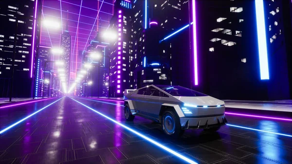 Futuristiska Transportbil Vägen Metaverse Stad Återgivning — Stockfoto