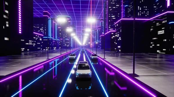 都市部では 道路上の未来的な輸送車 3Dレンダリング — ストック写真