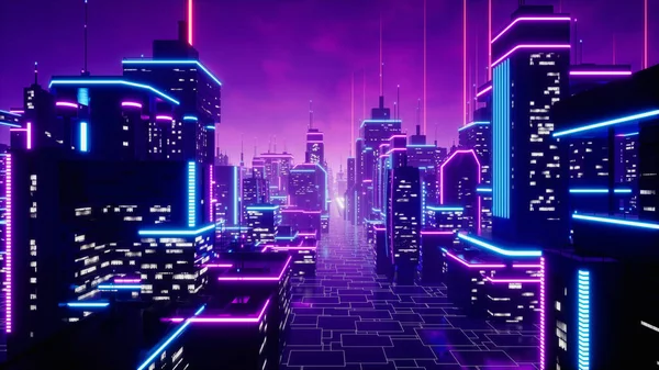 Metaverse Πόλη Και Cyberpunk Έννοια Απόδοση — Φωτογραφία Αρχείου