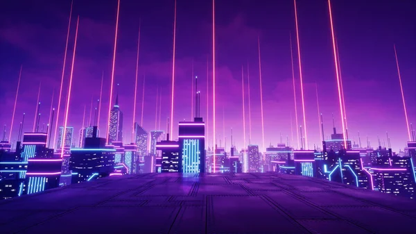 Meta-evren şehrinin çatısı görünümü, 3d görüntüleme