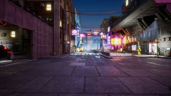 Cyberpunk şehir sokağı, 3D görüntüleme