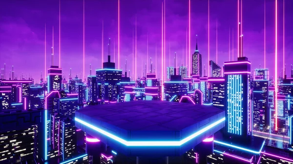 Meta-evren şehrinin çatısı görünümü, 3d görüntüleme