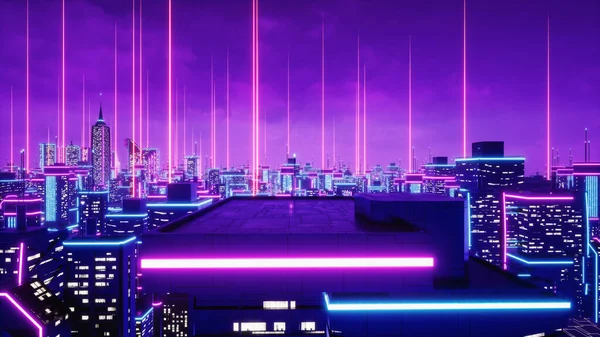 Meta-evren şehrinin çatısı görünümü, 3d görüntüleme