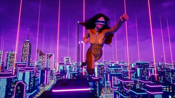 Super Woman Avatar Travelling Metaverse City Render — Stockfoto