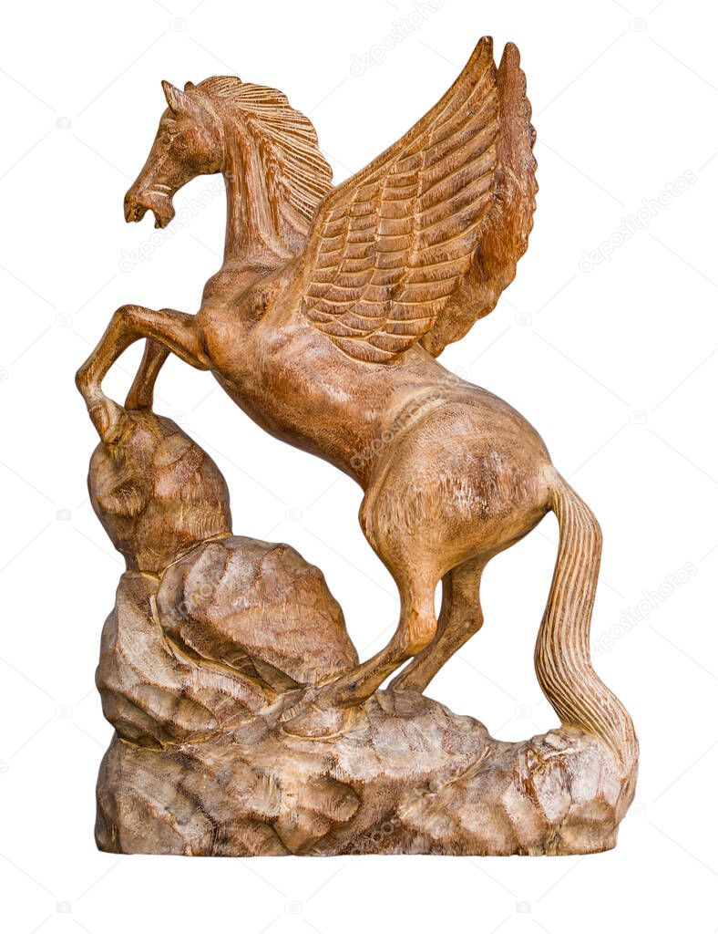 flying horse, wood carving art on a white background