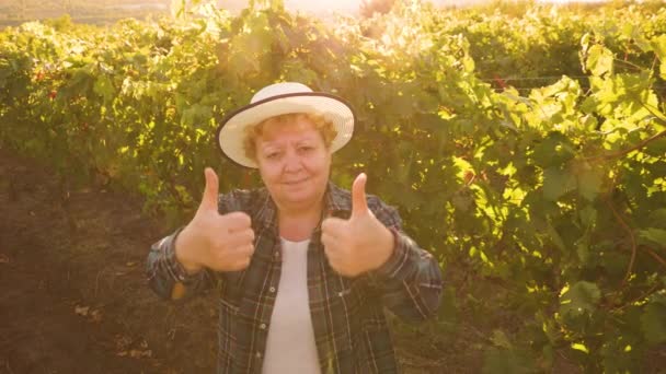 Felice contadino donna con cappello mostrando pollice in su e guardando la fotocamera — Video Stock