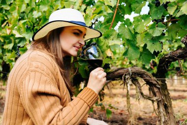 Şarap üreticisi kadının elinde bir bardak kırmızı şarap var, yeni şarabın tadına bak..