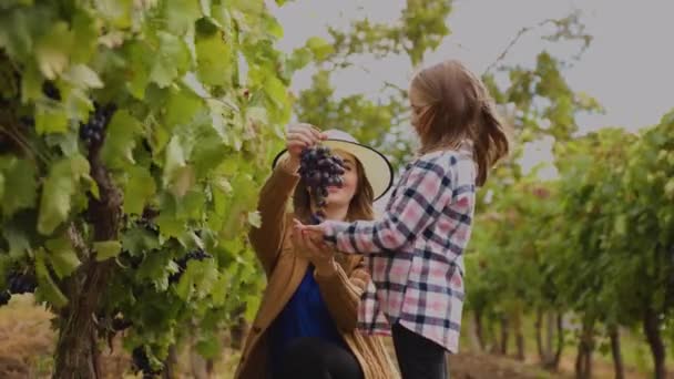 A kalapos anya piros szőlőt ad a lányának.. — Stock videók
