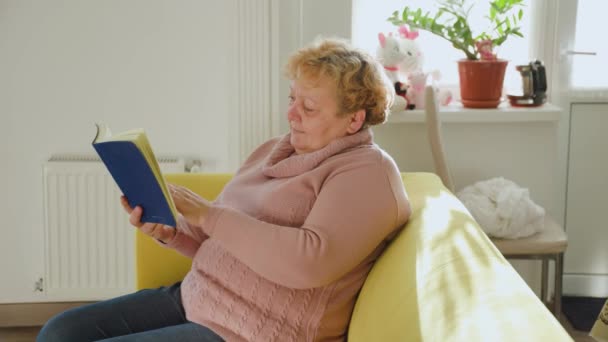 Vieja mujer gorda que se relaja en sofá cómodo, lectura de libro de papel en casa. — Vídeos de Stock