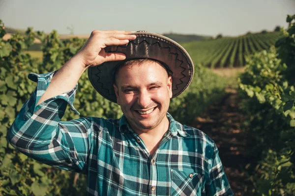 Веселий чоловік з сучасним молодим шапкою виноробу на винограднику . — стокове фото