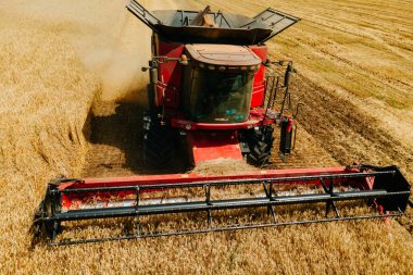 Buğday hasatçısının hava manzarası. Toz ve duman bulutları yayıyor..