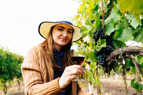 Винодел женщина держит в руке бокал красного вина, попробуйте новое вино. — стоковое фото
