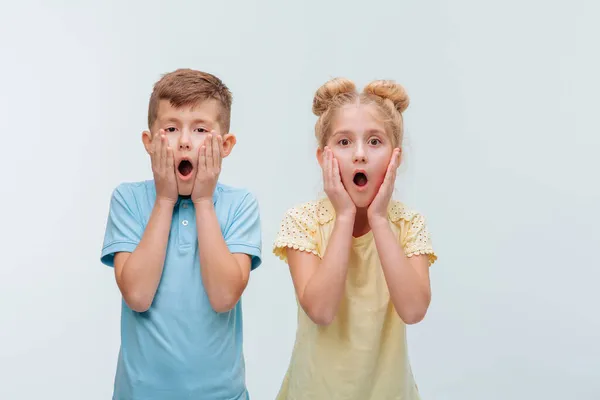 Portrait of surprised two children little girl and boy looking at camera with shocked facial expression — Stock Photo, Image