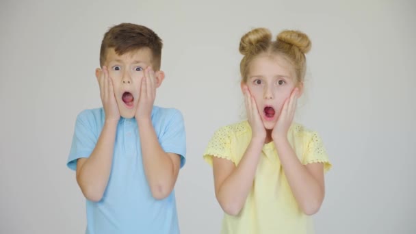 Портрет удивленных двух детей девочка и мальчик смотрят в камеру с шоком — стоковое видео