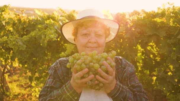 A kalapos női farmer egy nagy fehér szőlőt mutat, ahogy a kamerába néz — Stock videók