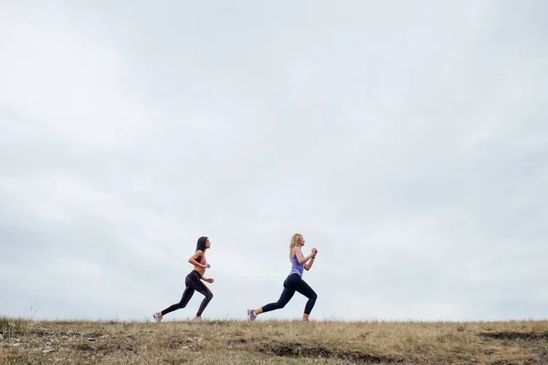 Yan bakış, spor iki kadın. Gençler kadın sporu egzersizlerini açık hava fitness eğitiminde birlikte yapıyorlar.. — Stok fotoğraf