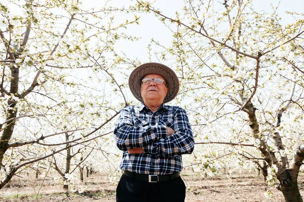 Şapkalı yaşlı çiftçinin portresi ellerini çapraz yapıyor..