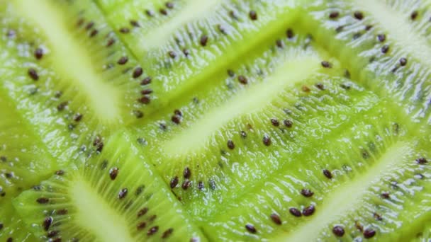 Gröna citrusfruktskivor av kiwi på roterande yta, — Stockvideo
