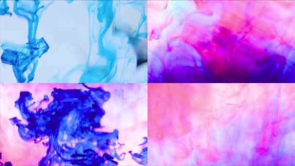 Multiscreen split screen composition collage, vibrant colored ink in water — Stock video