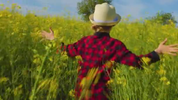 Bambini piccoli Correre con le braccia tese nel campo di colza — Video Stock