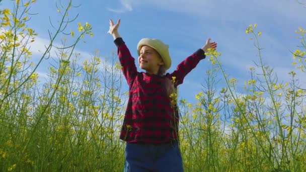 Glad liten flicka med hatt med händerna upp — Stockvideo