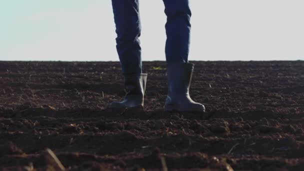 Zblízka Farmář Gumových Botách Procházky Povrchu Bohaté Půdy Ekologické Farmářské — Stock video