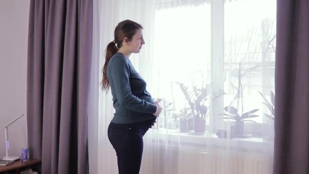 Ung Vacker Gravid Kvinna Står Nära Fönstret Hemma Attraktiv Gravid — Stockvideo