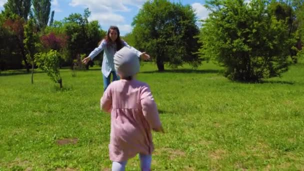 后视镜下 穿着粉色连衣裙的女婴在绿地里奔跑 活泼活泼的孩子 乡村的风景 幸福的家庭 那孩子逃避了玩耍 童年时代的运动 — 图库视频影像