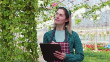 Taze çiçeklerin ekimini kontrol eden kadın tarım uzmanı not alıyor. Profesyonel bahçıvan kadın serada çalışıyor. Tarım bahçesi bahar çiçekleri dikiyor.