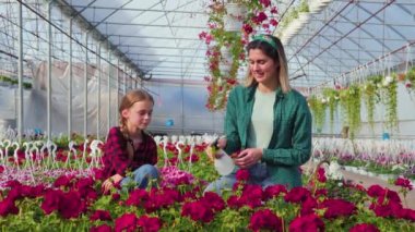 Annesi kızını ıslatıyor, serada çalışırken eğleniyor. Mutlu çiçek yetiştirenler ailesi, mutlu çocuk ve kadın birlikte oynayıp eğleniyorlar.