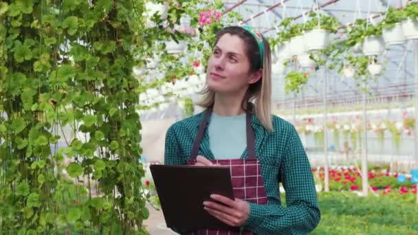 メモを取って新鮮な花の栽培をチェックする女性農学者 温室で働くプロの庭師の女性 農業の庭の春の花を植える — ストック動画