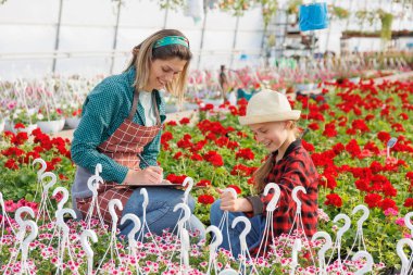 Annesi ve kızı seradaki ev bitkilerini inceliyor. Kadın ve çocuk ders çalışır ve not defterine saksı çiçekleri hakkında notlar alır. Boşluğu kopyala