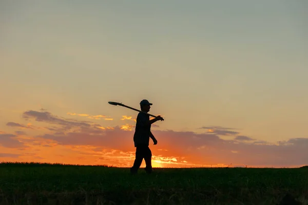 farmer silhouette with shovel walk on the agricultural industry concept. male against the background of the sky with dramatic bright colors. Human walking on agricultural field, at sunset.