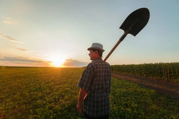 Pohled Zezadu Farmáře Lopatou Jak Kráčí Přes Pole Muž Farmář — Stock fotografie