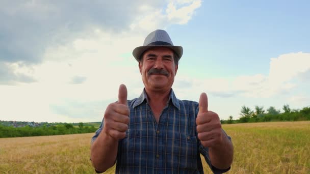 Homem Idoso Agricultor Com Bigode Mostra Polegar Para Cima Olhando — Vídeo de Stock