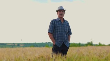 Elleri cebinde yaşlı erkek çiftçi, buğday tarlasında ön manzara. Kıdemli çiftçi arka plandaki kameraya bakıyor..