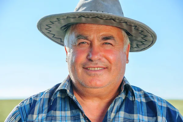 Güneşli bir yaz günü kırsal kesimde tarım çiftliğinde dikilirken kameraya bakan şapkalı yaşlı, mutlu erkek işçi kırsal kesimde mutlu, olgun çiftçi.