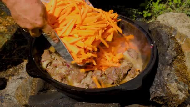 Cooking Campfire Cauldron Outdoor Woods Camping Hike Old Retro Camp — 图库视频影像