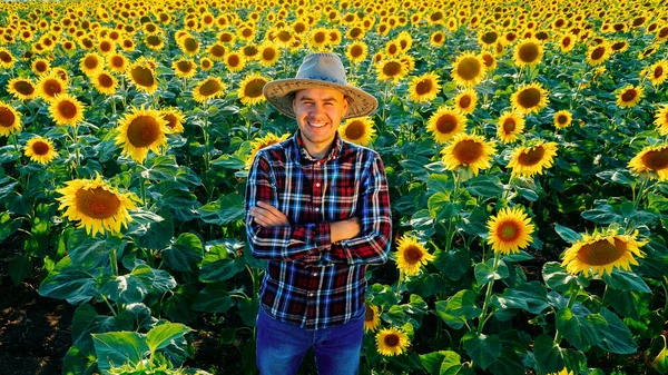 A young happy farmer in a hat stands in a field with sunflowers. Glad agronomist smiles optimistic. On the head is a hat. View from above. Man and copy space. Background sunflowers