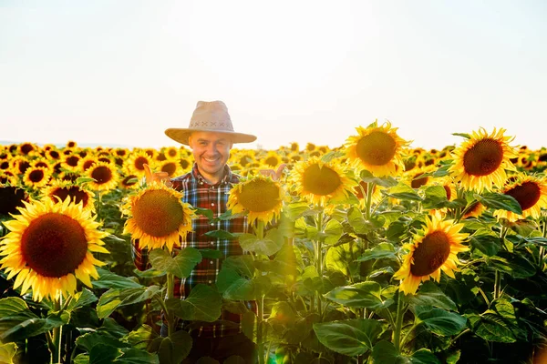 A smiling young farmer stands in a field and smiles happy looking at camera. The man is satisfied with his work. A happy joyful on his face. The working day, the bright sun is shining. copy space